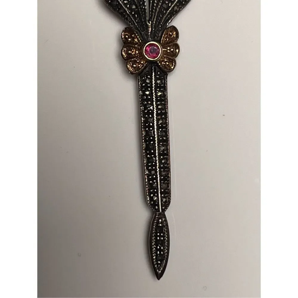 Antique Art Deco Marcasite Turquoise Pink Sapphire C-Clasp Pin Brooch